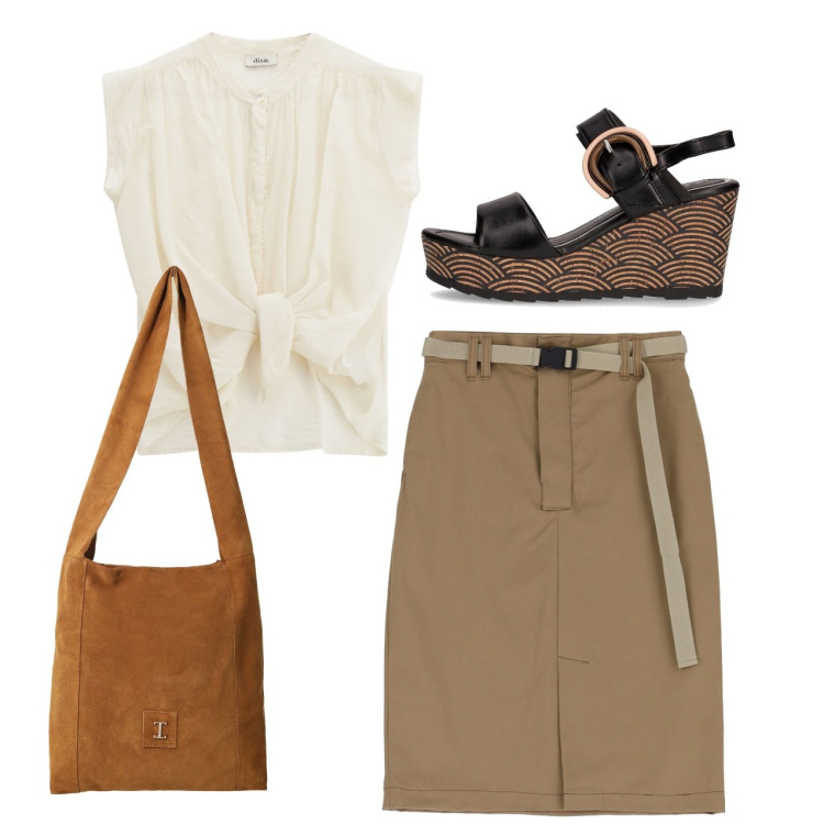 Outfit donna - Ufficio. Stile Bon Ton per Ufficio. Abbinamento con gonne, borse a tracolla, camicie, sandali col tacco.