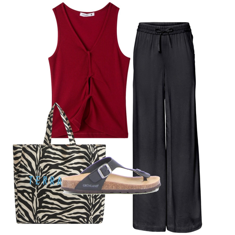 Outfit donna - Basic. Stile Basic per Tutti i giorni. Abbinamento con pantaloni, borse tote, top, infradito.