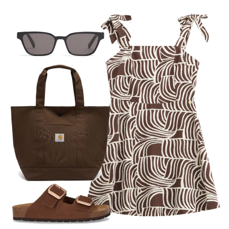 Outfit donna - Giornata prendisole. Stile Bon Ton per Tutti i giorni. Abbinamento con vestiti corti, ciabatte, borse tote, occhiali da sole.