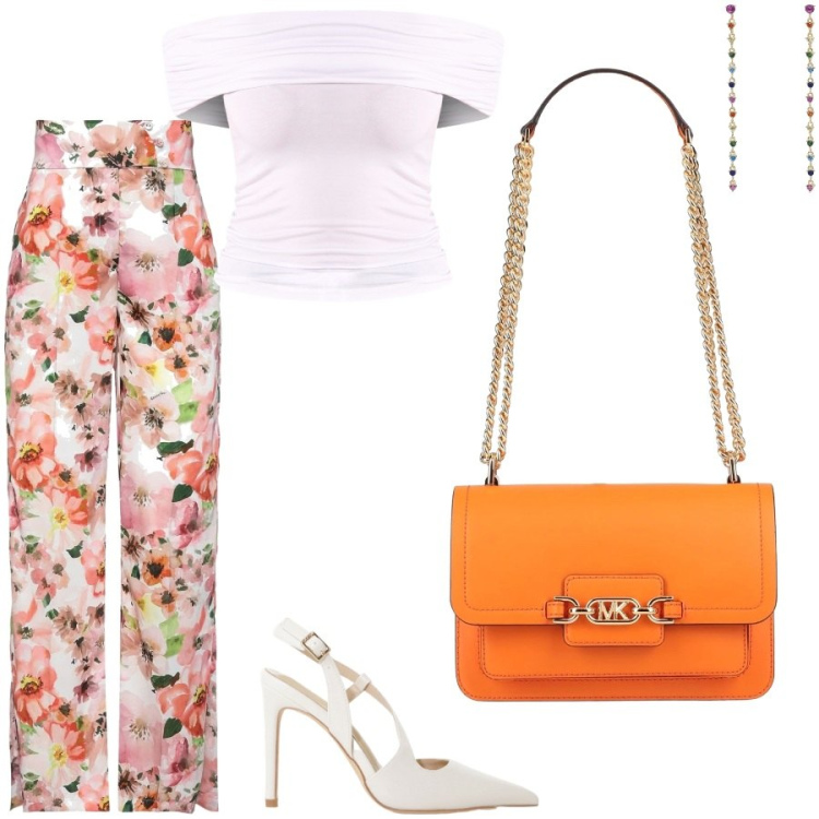 Outfit donna - Summer \' 25. Stile Glamour per Serata fuori. Abbinamento con pantaloni, borse a spalla, décolleté, orecchini, top.