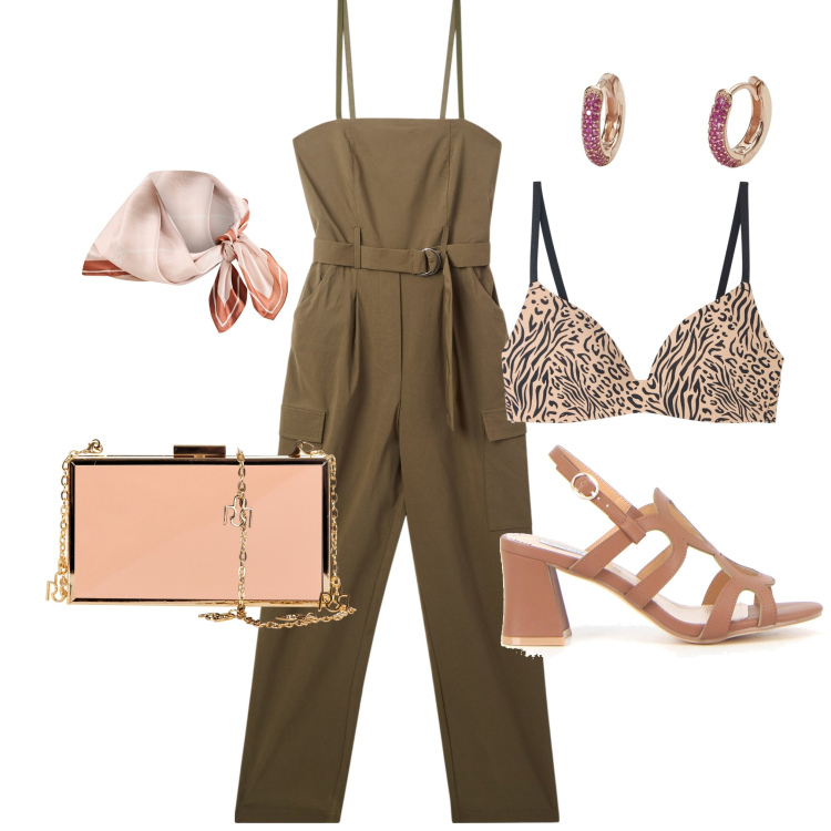 Outfit donna - Out of shoulder. Stile Casual chic per Serata fuori. Abbinamento con reggiseni, tute, orecchini, pochette, foulard, sandali col tacco.