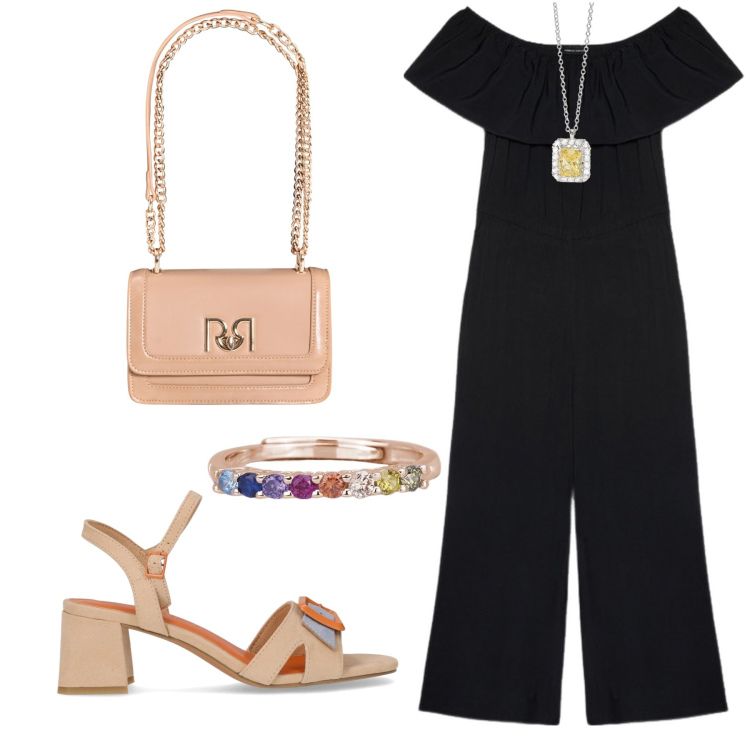 Outfit donna - A spalle scoperte. Stile Romantica per Tutti i giorni. Abbinamento con anelli, collane, borse a tracolla, tute, sandali col tacco.