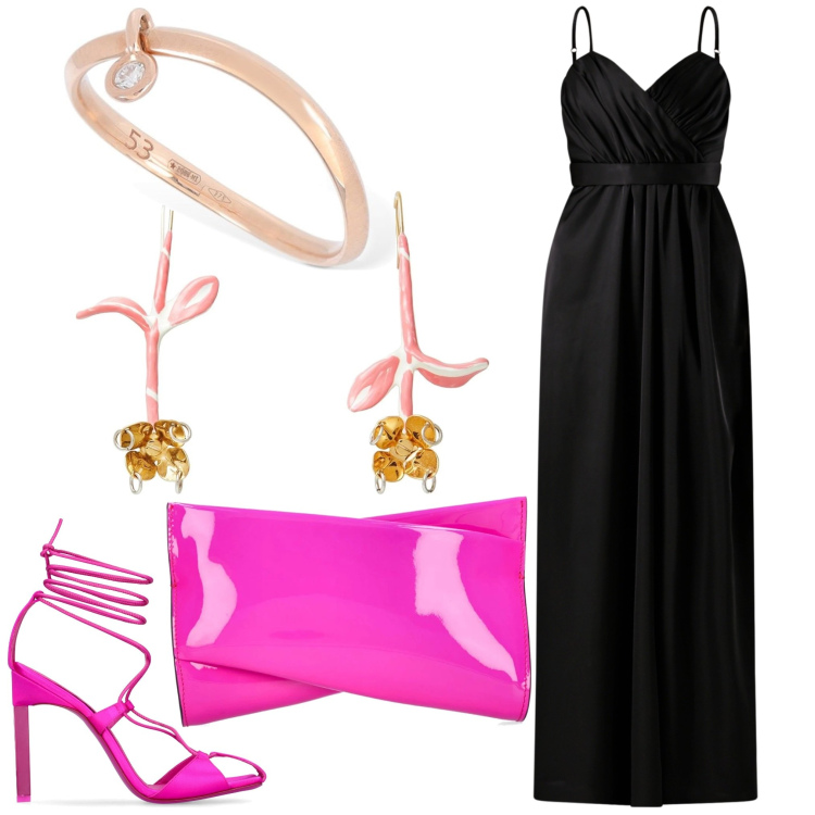 Outfit donna - Fuxia. Stile Chic per Serata fuori. Abbinamento con orecchini, vestiti lunghi, décolleté, pochette, anelli.