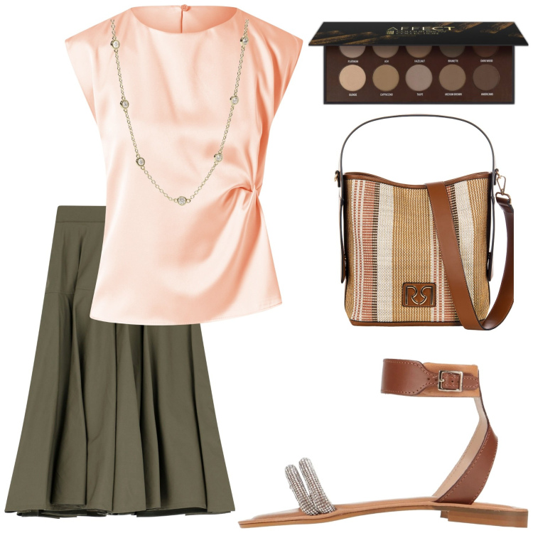 Outfit donna - Sandalo basso. Stile Minimal per Tutti i giorni. Abbinamento con sandali in pelle, eyeliner, collane, top, borse a secchiello, gonne lunghe.