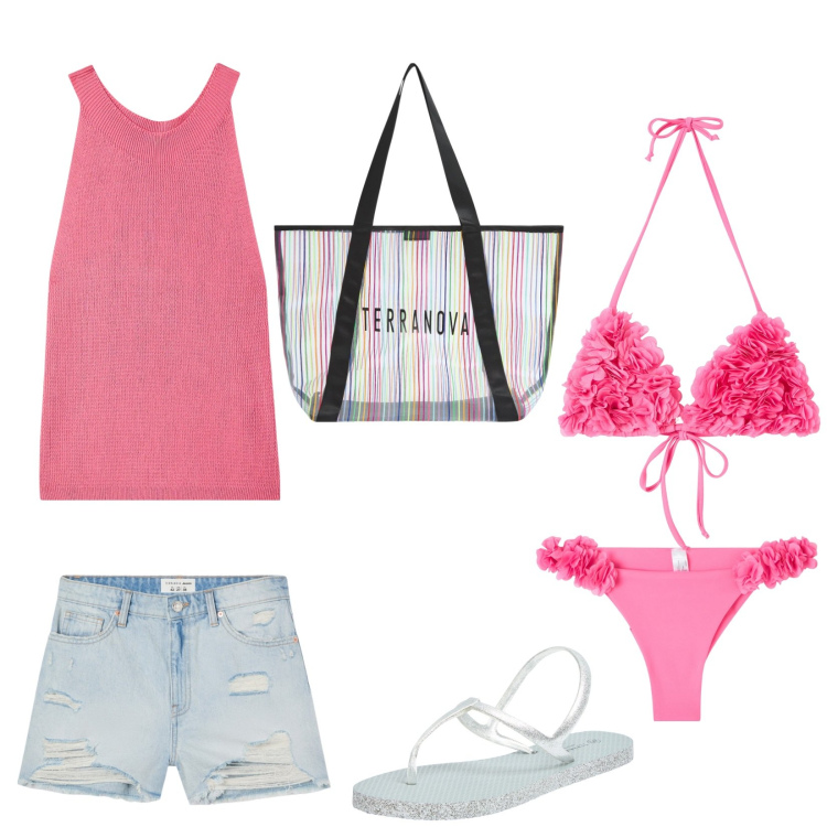 Outfit donna - Il Sinis. Stile Basic per Mare. Abbinamento con sandali, top, shorts, bikini, shopping bag, bikini.
