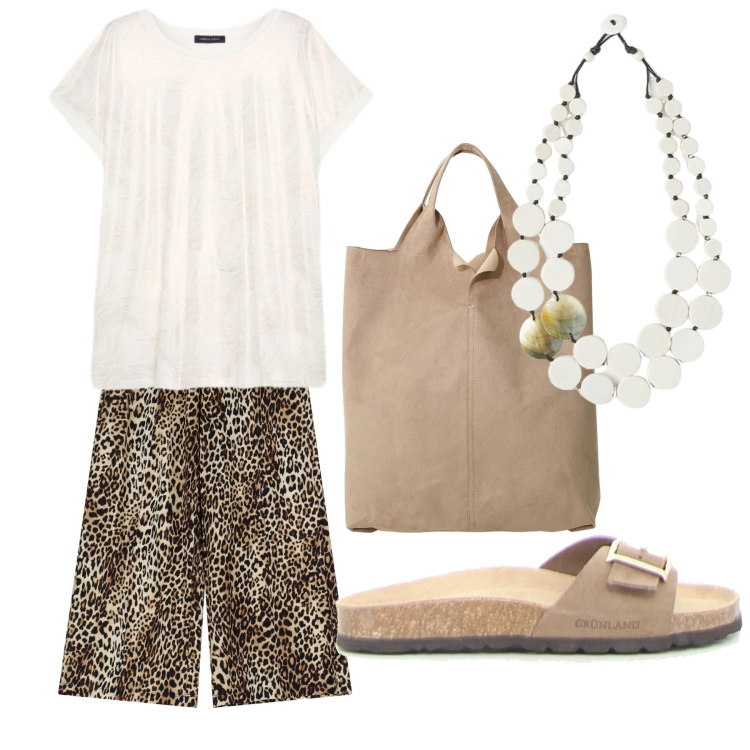 Outfit donna - Leopard. Abbinamento con pantaloni, shopping bag, bluse, ciondoli, ciabatte.