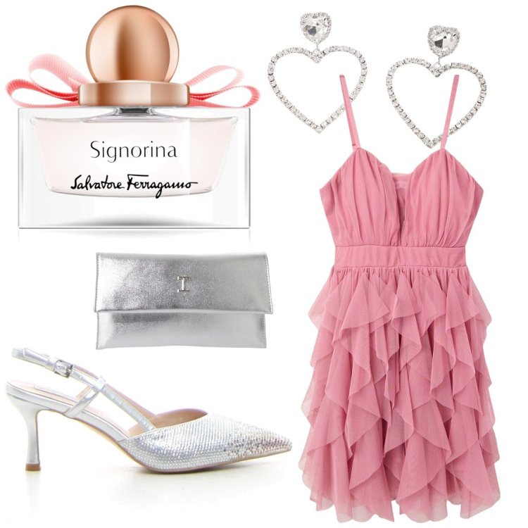 Outfit donna - Vestito corto rosa. Stile Chic per Cerimonia. Abbinamento con vestiti corti, profumi, pochette, orecchini, décolleté.