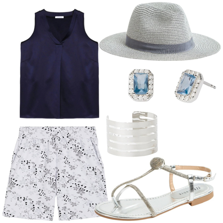 Outfit donna - Pomeriggio relax. Stile Chic per Tutti i giorni. Abbinamento con cappelli, ciabatte, orecchini, pantaloni corti, braccialetti, top.