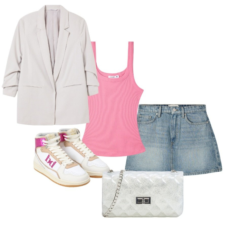 Outfit donna - Viaggio leggera. Stile Urban per Tutti i giorni. Abbinamento con minigonne, canottiere, borse a tracolla, blazer, sneakers alte.