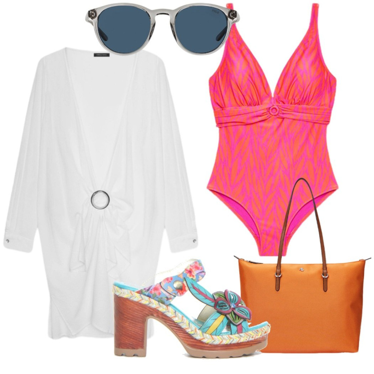 Outfit donna - Mare. Stile Glamour per Mare. Abbinamento con borse tote, occhiali da sole, vestiti da spiaggia, bikini, ciabatte.