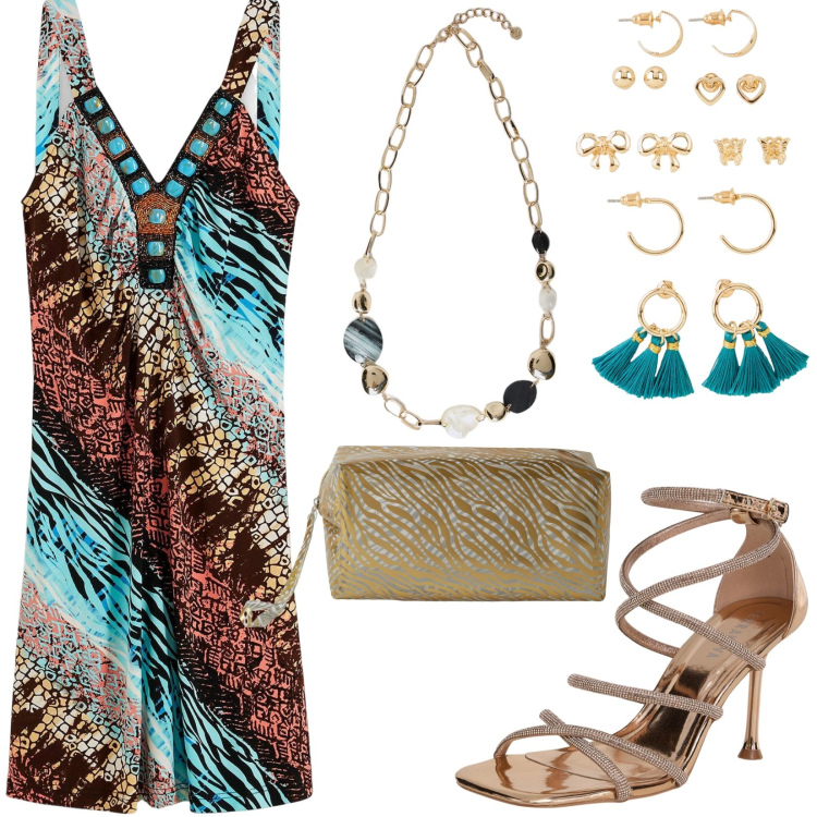 Outfit donna - Sabbia e turchese. Stile Glamour per Serata fuori. Abbinamento con vestiti, orecchini, sandali col tacco, pochette, collane.