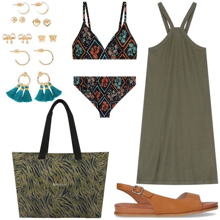 Outfit donna - Summer style. Stile Casual per Mare. Abbinamento con bikini, orecchini, shopping bag, vestiti corti, sandali.