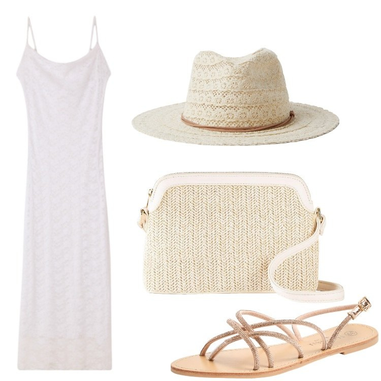 Outfit donna - Aperitivo sulla spiaggia. Stile Boho per Serata fuori. Abbinamento con borse a tracolla, sandali, vestiti senza maniche, cappelli.