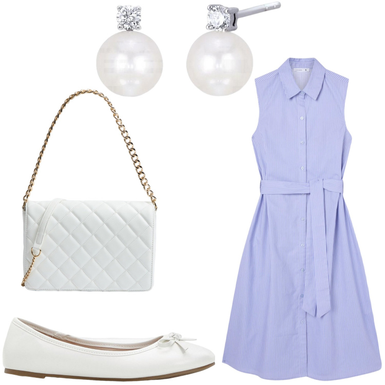 Outfit donna - Bon ton da ufficio. Stile Bon Ton per Ufficio. Abbinamento con ballerine, vestiti chemisier, borse a tracolla, orecchini.