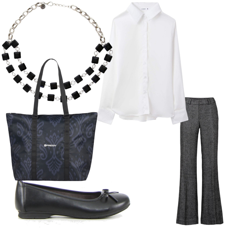 Outfit donna - Una prof a luglio. Stile Bon Ton per Scuola/Università. Abbinamento con pantaloni a palazzo, camicie, shopping bag, collane, ballerine.