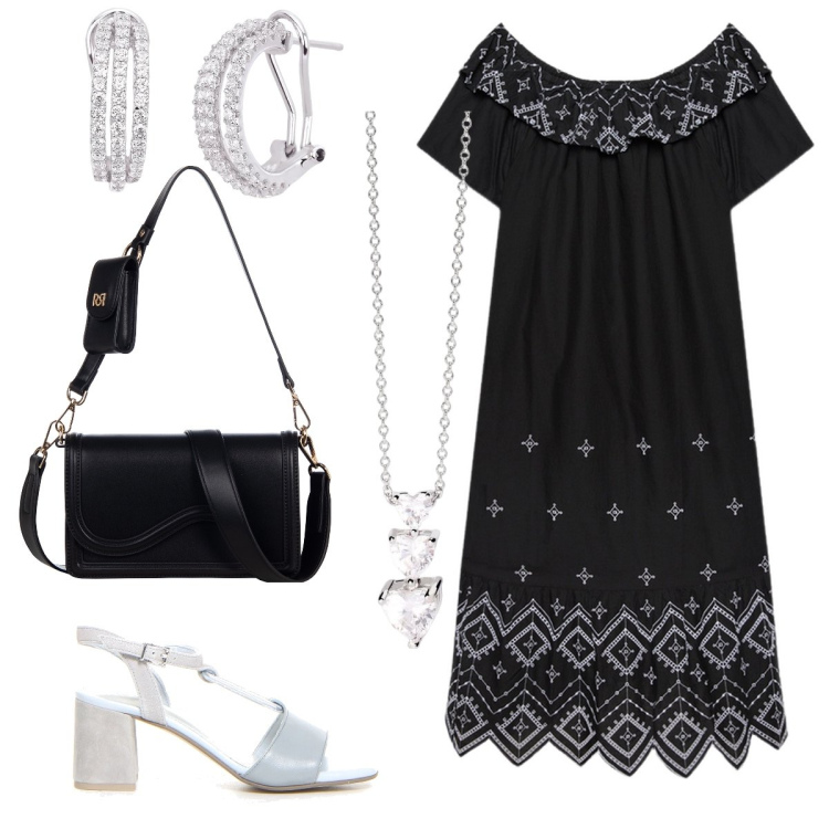Outfit donna - etnico chic…. Stile Etnico per Serata fuori. Abbinamento con orecchini, collane, pochette, vestiti lunghi, sandali col tacco.
