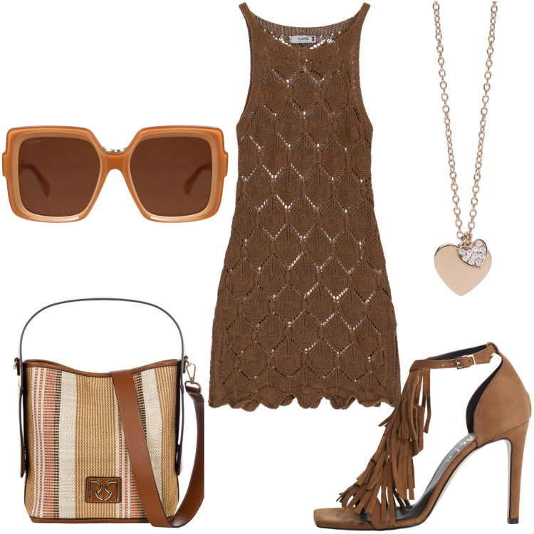 Outfit donna - Total look #2192298. Stile Casual per Tutti i giorni. Abbinamento con occhiali da sole, ciondoli, borse a secchiello, vestiti corti, décolleté.