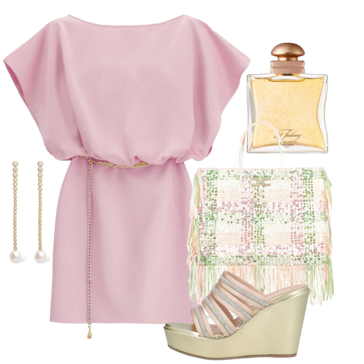 Outfit donna - Giugno delicato. Stile Chic per Serata fuori. Abbinamento con sandali in pelle, borse a mano, profumi, vestiti corti, orecchini.