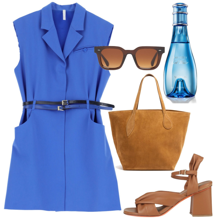Outfit donna - Cool june. Stile Bon Ton per Ufficio. Abbinamento con sandali in pelle, profumi, vestiti corti, occhiali da sole, shopping bag.