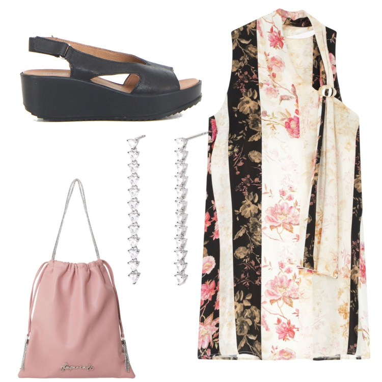 Outfit donna - Un poco orientale. Stile Bon Ton per Tutti i giorni. Abbinamento con orecchini, vestiti asimmetrici, borse a secchiello, sandali.