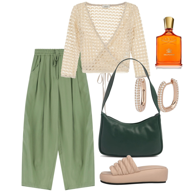 Outfit donna - Balloons. Stile Bon Ton per Tutti i giorni. Abbinamento con sandali in pelle, profumi, orecchini, top, pantaloni, borse a spalla.