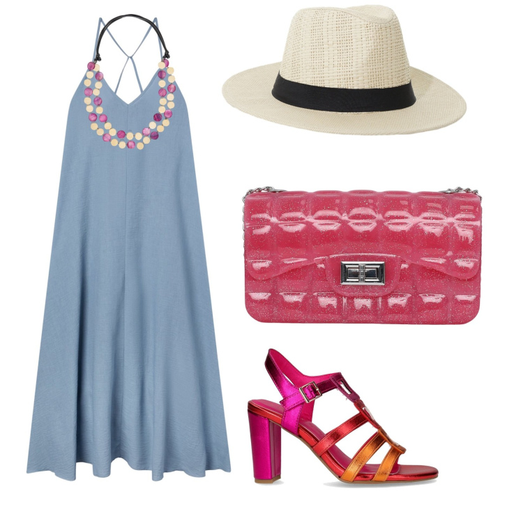 Outfit donna - Caldo in città. per Tutti i giorni. Abbinamento con borse a tracolla, vestiti lunghi, cappelli, sandali col tacco, collane.