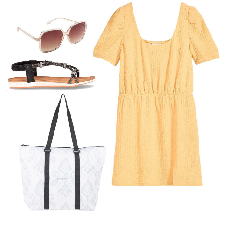 Outfit donna - Giallo e fresco. Stile Bon Ton per Tutti i giorni. Abbinamento con occhiali da sole, vestiti, shopping bag, sandali in pelle.