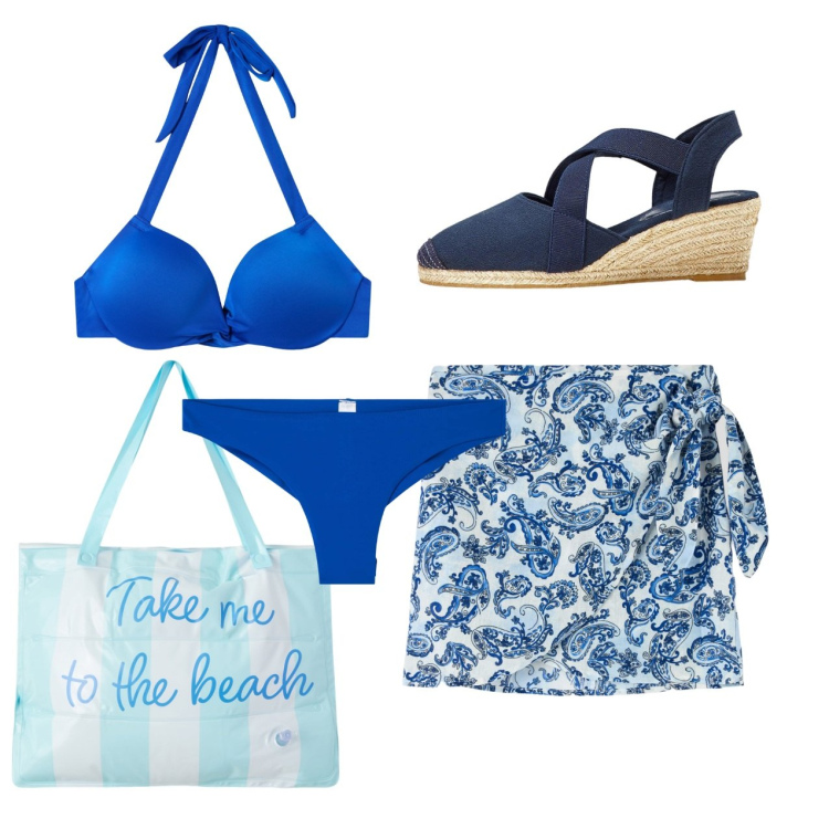 Outfit donna - Al mare e in blu. Stile Bon Ton per Mare. Abbinamento con sandali col tacco, bikini, borse tote, vestiti da spiaggia, bikini.