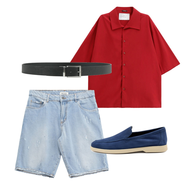 Outfit uomo - Rosso acceso. Stile Casual per Tutti i giorni. Abbinamento con cinture, bermuda, camicie a manica corta, scarpe stringate.