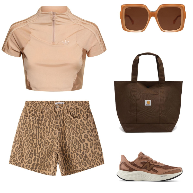 Outfit donna - Colazione dopo la passeggiata. per Tutti i giorni. Abbinamento con occhiali da sole, shorts, sneakers, borse tote, top.