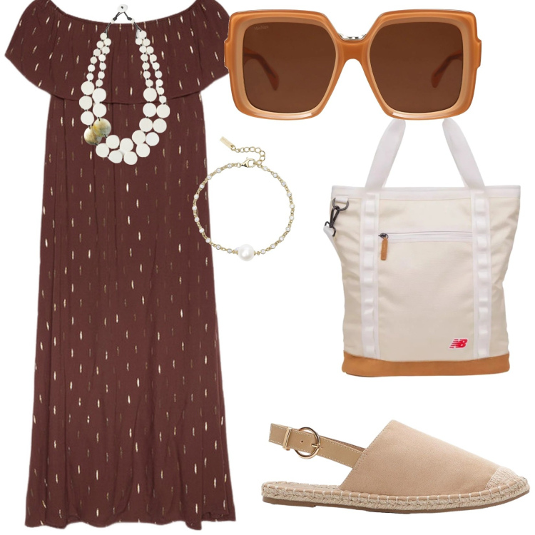 Outfit donna - In città. per Tutti i giorni. Abbinamento con espadrillas, occhiali da sole, braccialetti, shopping bag, vestiti lunghi, ciondoli.