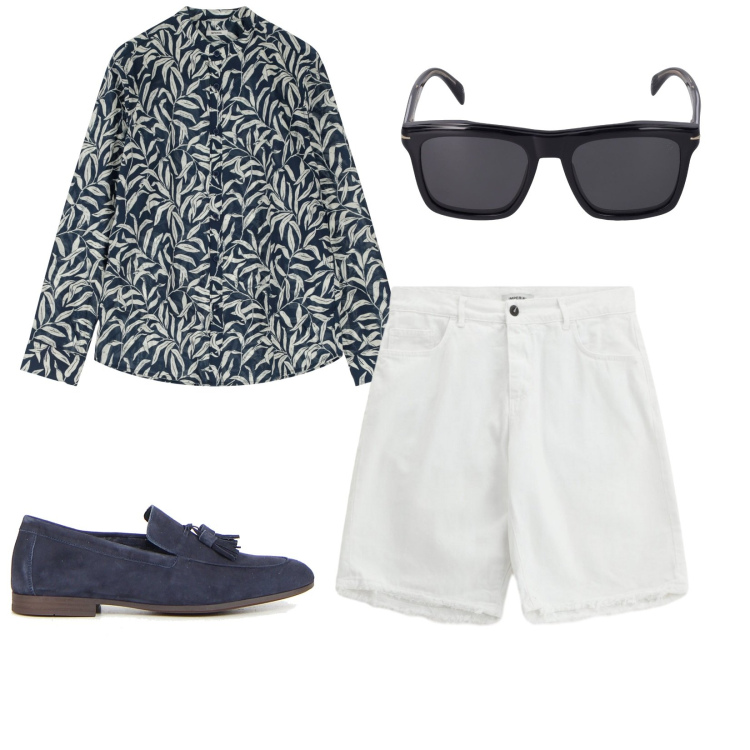 Outfit uomo - In costiera. per Mare. Abbinamento con camicie, bermuda, occhiali da sole, scarpe stringate.