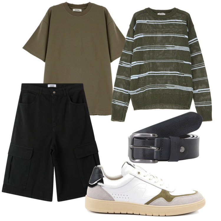 Outfit uomo - Serata in città. per Serata speciale. Abbinamento con bermuda, pullovers, t-shirt, cinture, sneakers.