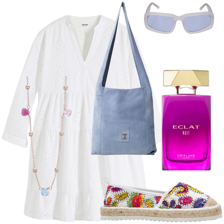 Outfit donna - Fresca d\'estate. Stile Casual per Tutti i giorni. Abbinamento con vestiti, espadrillas, profumi, collane, borse a tracolla, occhiali da sole.