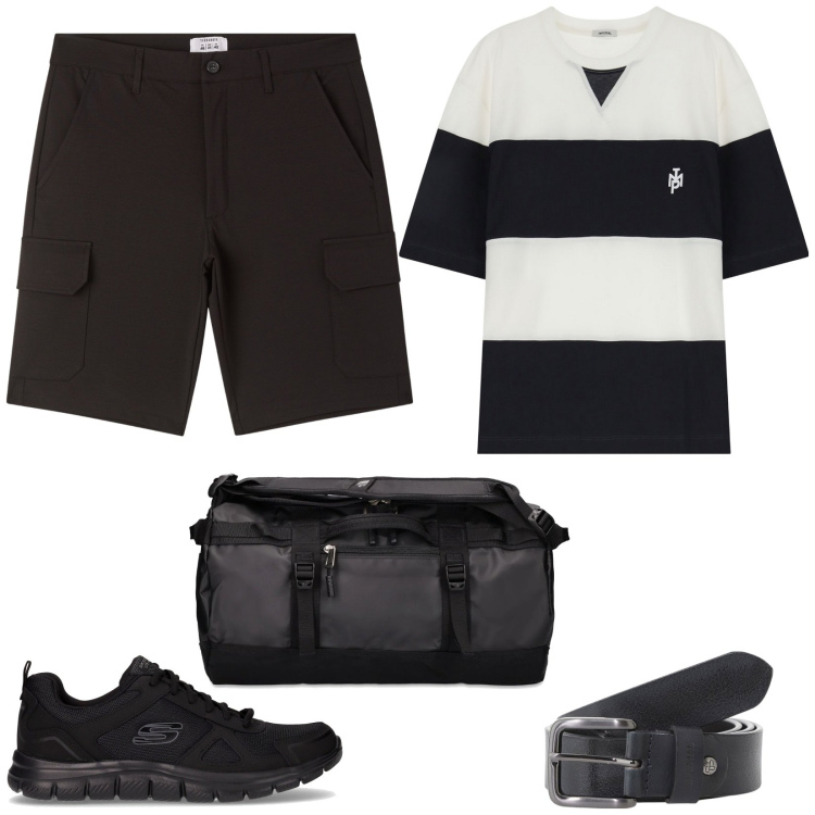 Outfit uomo - Tessuto tecnico e traspirante. Stile Urban per Tutti i giorni. Abbinamento con pantaloni corti, t-shirt, cinture, borse sportive, sneakers.