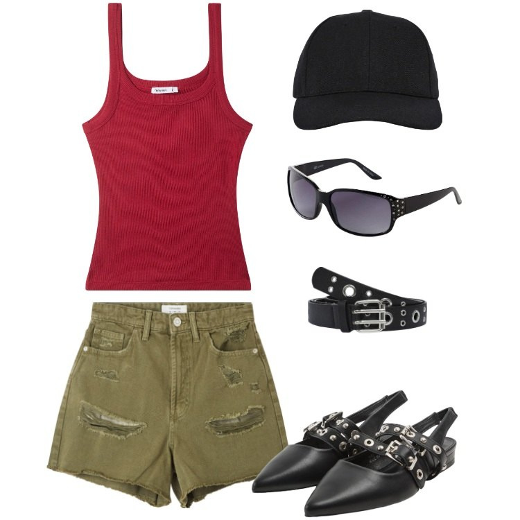 Outfit donna - Total look #2192339. Stile Rock per Tutti i giorni. Abbinamento con occhiali da sole, shorts, cinture, cappelli con visiera, canottiere, sabot.