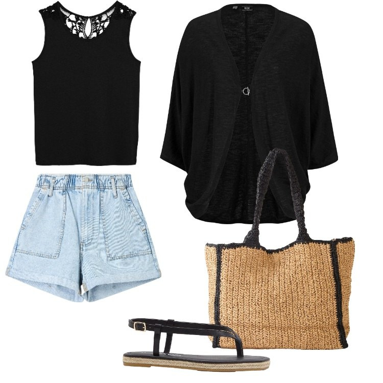 Outfit donna - Total look #2192341. Stile Boho per Serata fuori. Abbinamento con shopping bag, cardigans, ciabatte, top, shorts.