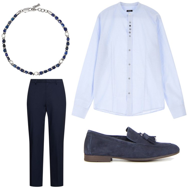 Outfit uomo - Cerimonia minimal. Stile Business/Elegante per Cerimonia. Abbinamento con braccialetti, camicie, scarpe stringate, pantaloni.