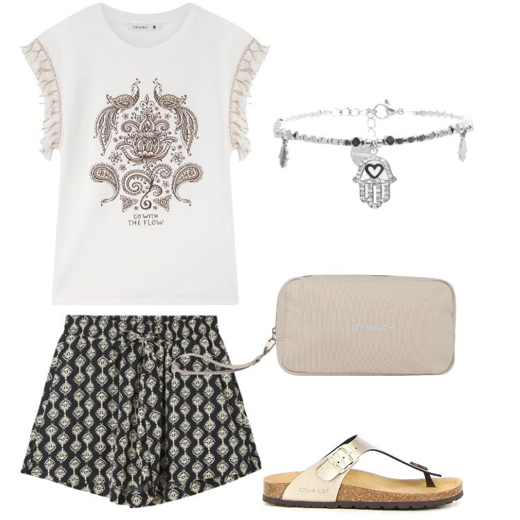 Outfit donna - Total look #2192345. Stile Boho per Tutti i giorni. Abbinamento con shorts, t-shirt, braccialetti, valigie, infradito.