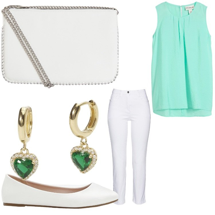 Outfit donna - Buongiorno. Stile Bon Ton per Tutti i giorni. Abbinamento con pantaloni, ballerine, top, borse a tracolla, orecchini.