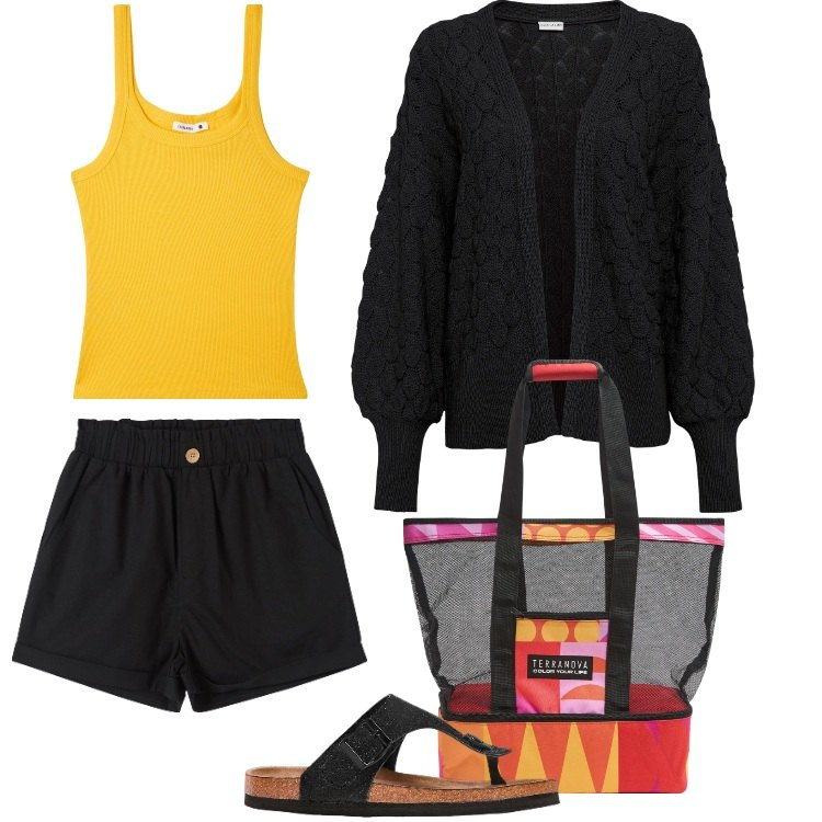 Outfit donna - Total look #2192351. Stile Boho per Serata fuori. Abbinamento con cardigans, infradito, pantaloni corti, borse tote, canottiere.