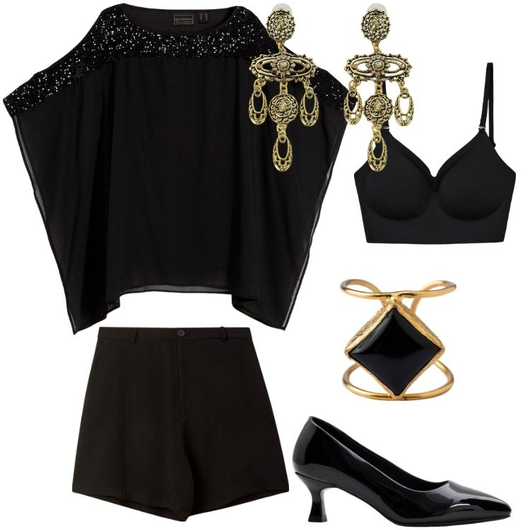 Outfit donna - Total look #2192355. Stile Chic per Serata fuori. Abbinamento con tuniche, décolleté, reggiseni, shorts, orecchini, anelli.