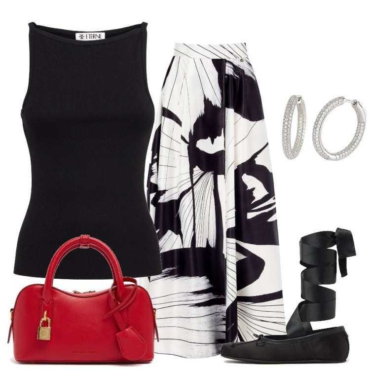 Outfit donna - Un tocco rosso. Stile Chic per Serata fuori. Abbinamento con orecchini, gonne lunghe, borse a mano, ballerine, canottiere.