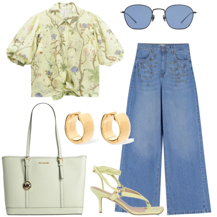 Outfit donna - Romantica in jeans. Stile Romantica per Tutti i giorni. Abbinamento con infradito, borse a spalla, camicie a manica corta, jeans, occhiali da sole, orecchini.