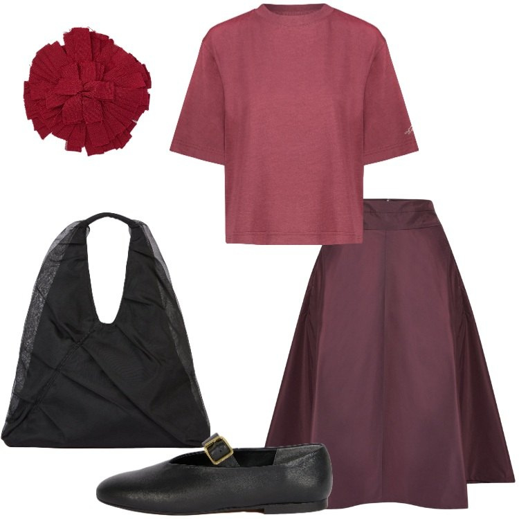 Outfit donna - Doppelgänger Minimal. Stile Minimal per Ufficio. Abbinamento con shopping bag, gonne, t-shirt, accessori per capelli, ballerine.