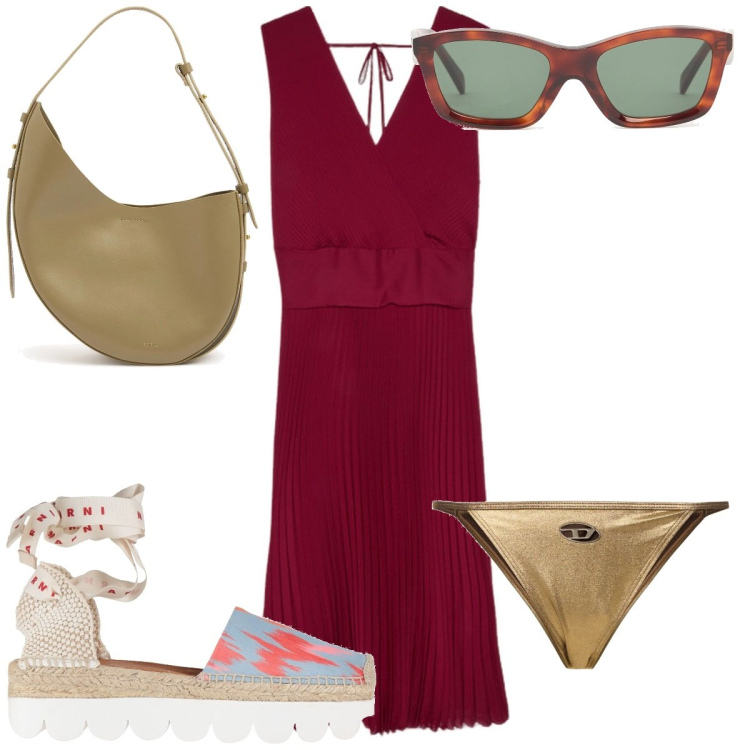 Outfit donna - Total look #2192365. Stile Trendy per Mare. Abbinamento con espadrillas, vestiti lunghi, occhiali da sole, borse a spalla, bikini.