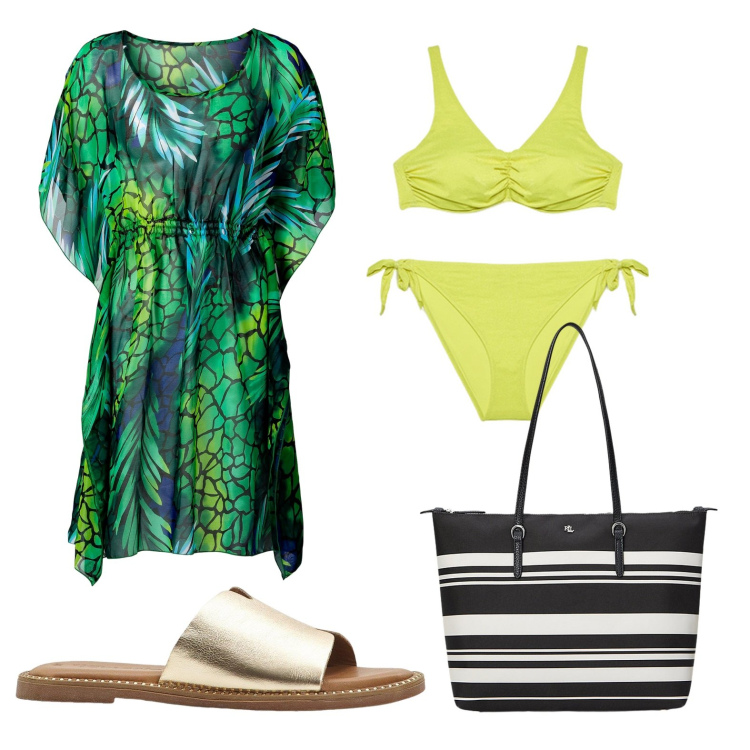 Outfit donna - Bikini giallo. Stile Boho per Mare. Abbinamento con vestiti da spiaggia, ciabatte, borse tote, bikini.