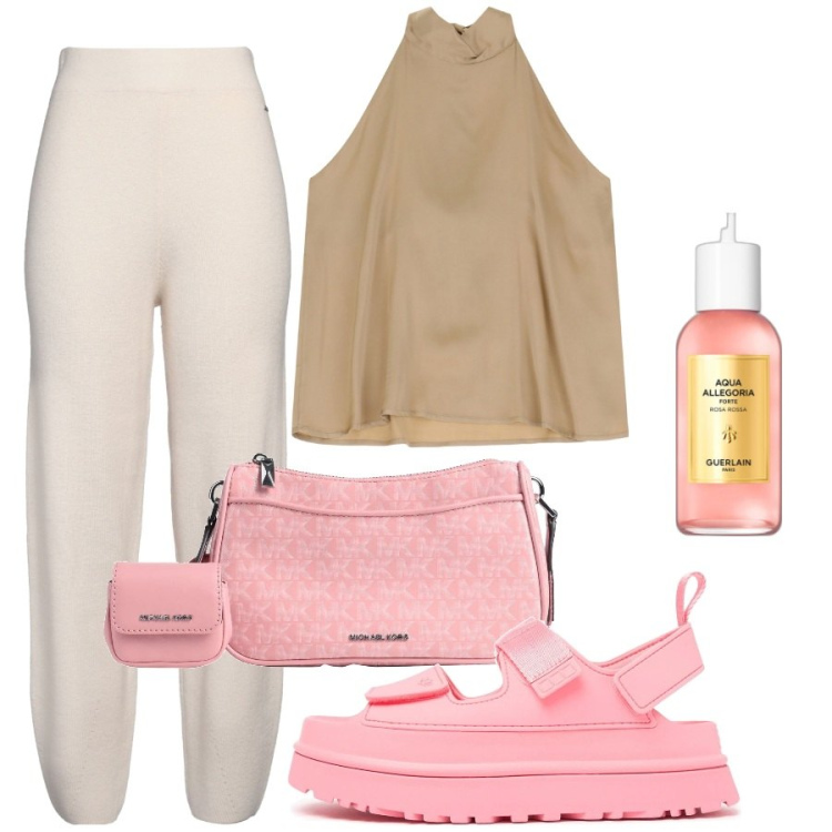 Outfit donna - Saldi estivi. Stile Basic per Tutti i giorni. Abbinamento con borse a tracolla, pantaloni, profumi, top, sandali.