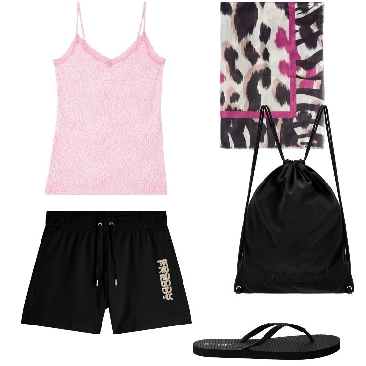 Outfit donna - Total look #2192379. Stile Sporty chic per Tutti i giorni. Abbinamento con canottiere, infradito, zaini, pantaloni corti, foulard.