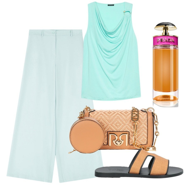 Outfit donna - estate addosso. Stile Basic per Tutti i giorni. Abbinamento con sandali in pelle, profumi, borse a tracolla, pantaloni, top.